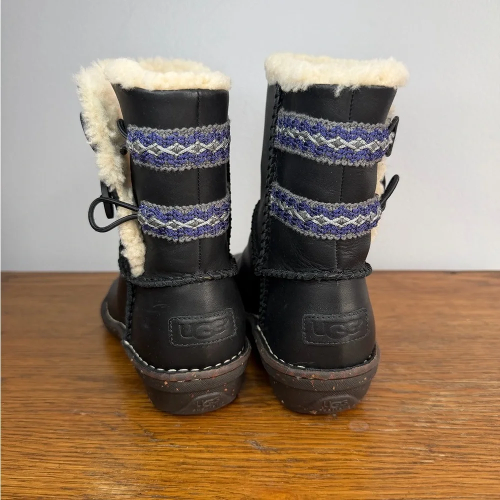 UGG Boots Size 6 • Lillie Snow Boots Black Leather Round Toe Comfort Ankle Top.